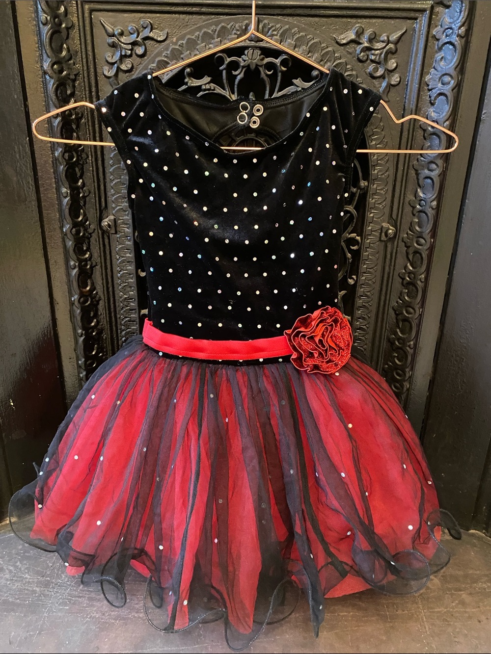 Girls Black and Red Tulle Party Costume Dress with Sparkle Bodice